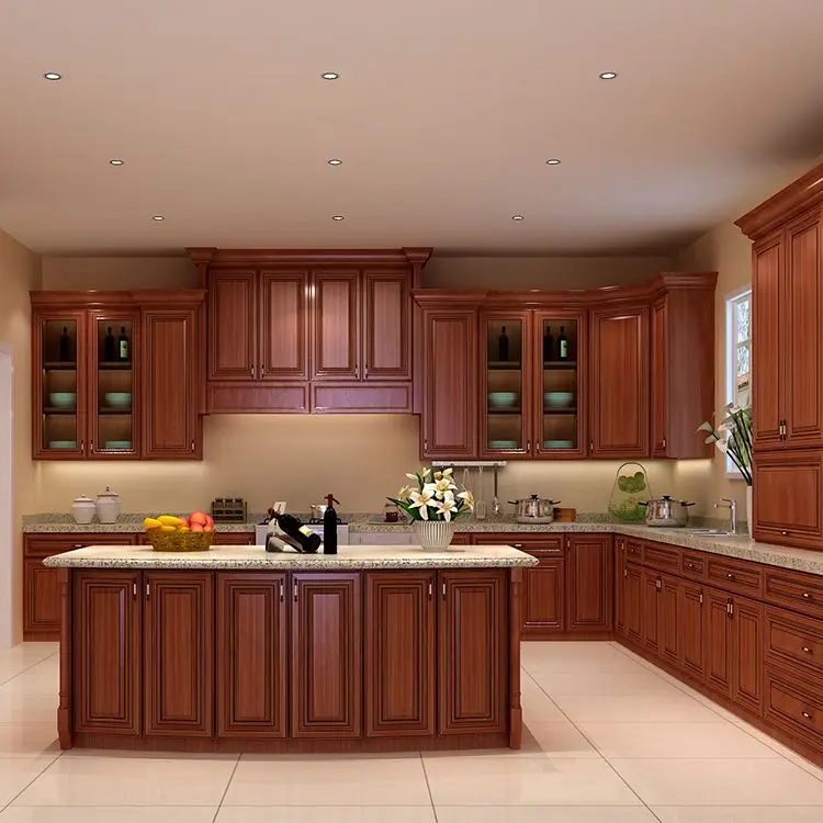 American Classical Style High Quality Espresso Solid Wood Kitchen Cabinet Design