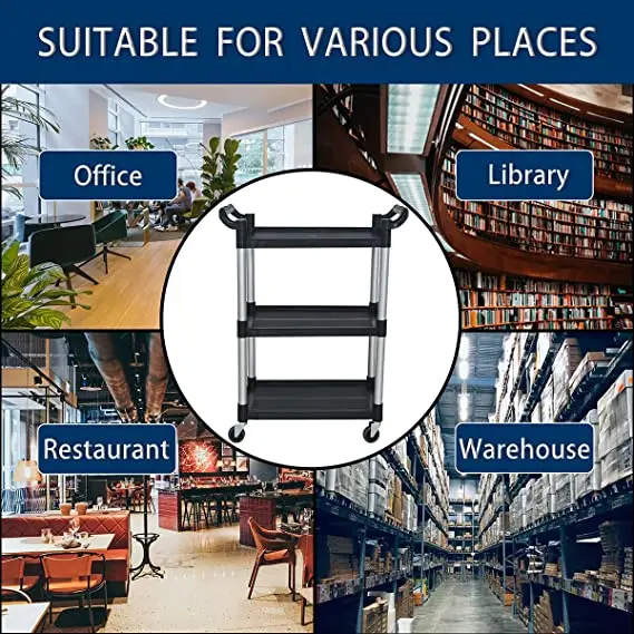 Stainless 3 Shelf Utility Service Cart 3-Tier Kitchen Trolley SUS201 Storage Cart with Locking Wheels for Hotels Restaurant