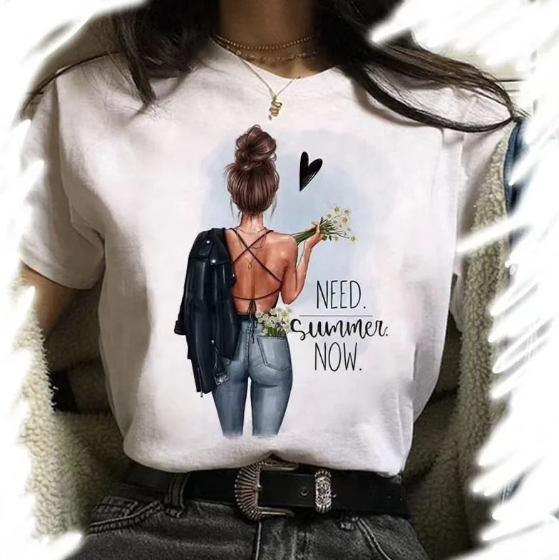 Wholesale Cheap 2023 Hot Sale Women Basic White Tee Casual Graphic Tshirt Fashion Lady Female Girls Printed T-Shirt