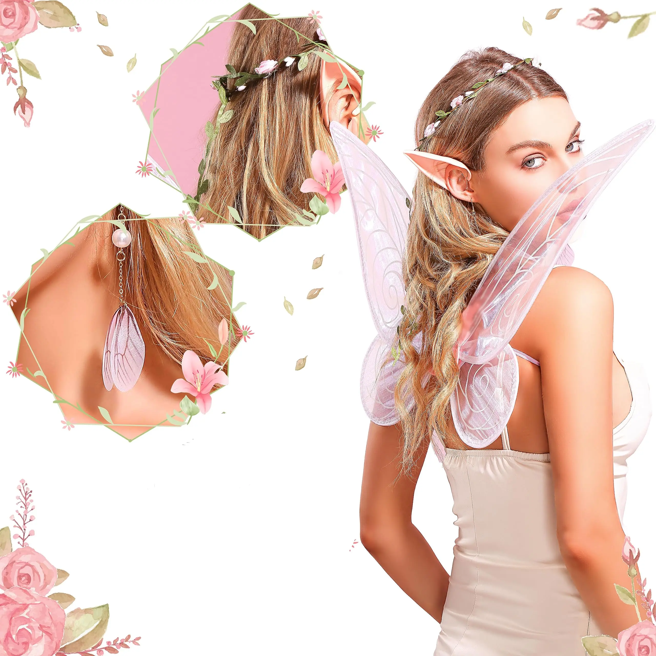 Cosplay Costume Pink Fairy Wings for Adult Elf Ears Fairy Floral Headband Crown Fairy Outfit Cosplay Party Accessories