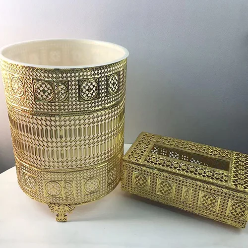 YIWU MARKET  Factory Cheap Price Household Hotel Decorative Round Gold Metal Trash Can And Tissue Box Set Wholesale