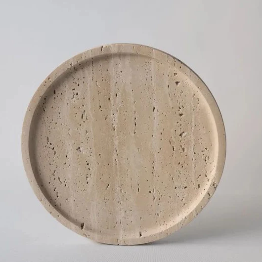 Modern Decorative Beige Round Real Travertine Marble Vanity Tray for Perfume Candle Jewelry Dish Small Things