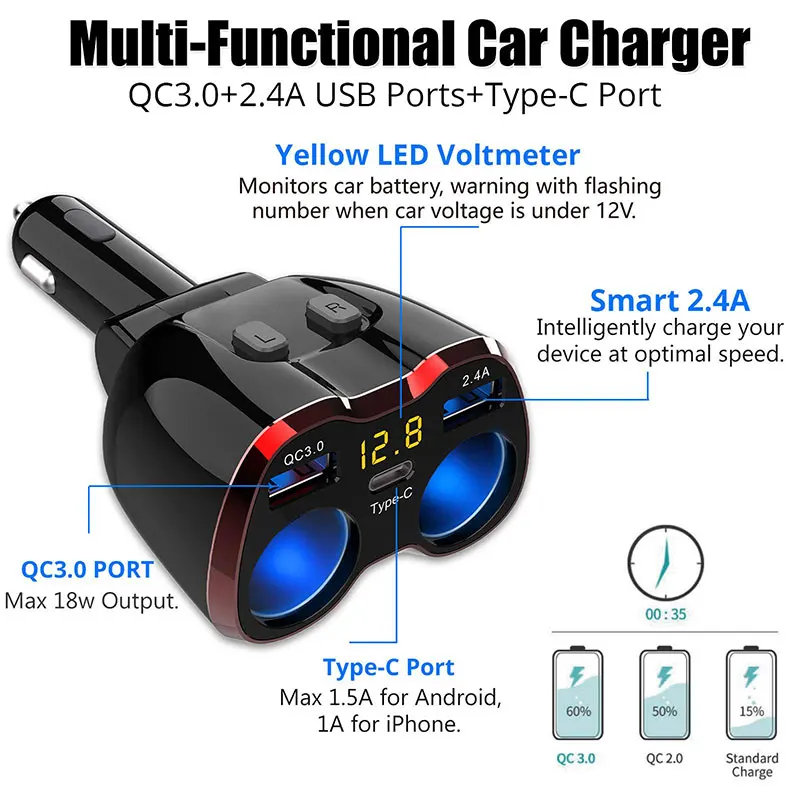 Car Adapter Cigarette Lighter Heater 3 Port Car Charge Quick Charge 3.0 Type C Car Cigarette Lighter Converter Plug 12v Splitter