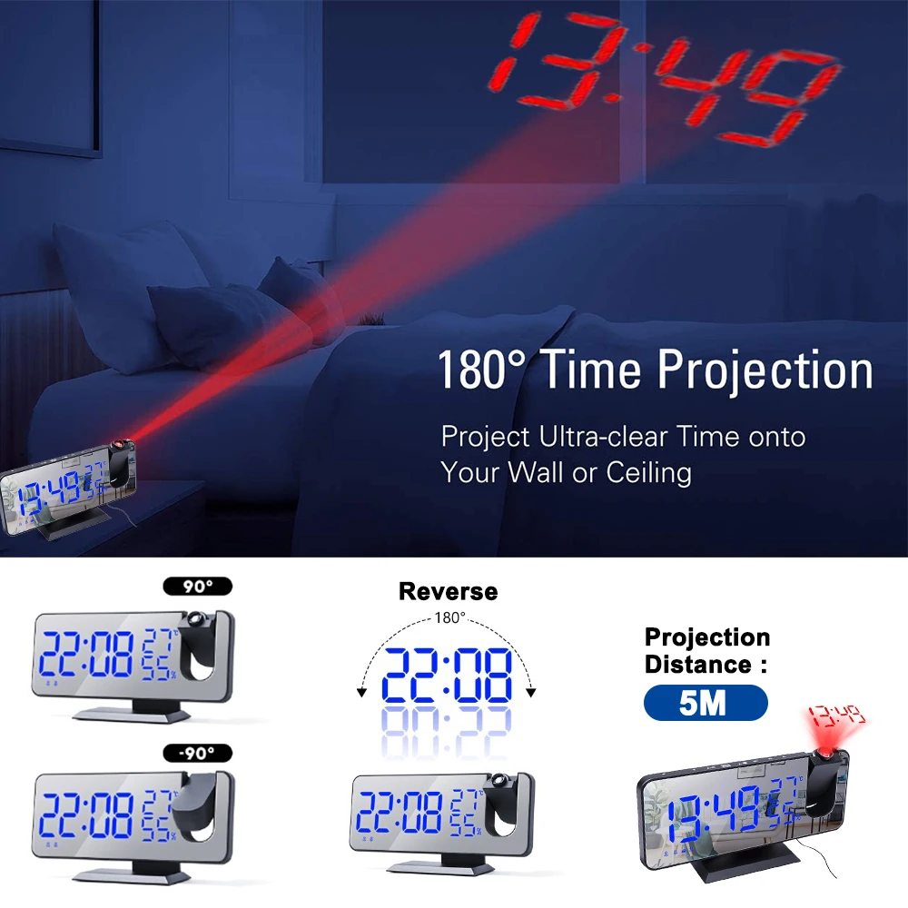 0-100% Dimmer 180 Rotatable USB Rechargeable LED Digital Projection Electronic Alarm Clock with Time Projector and FM Radio