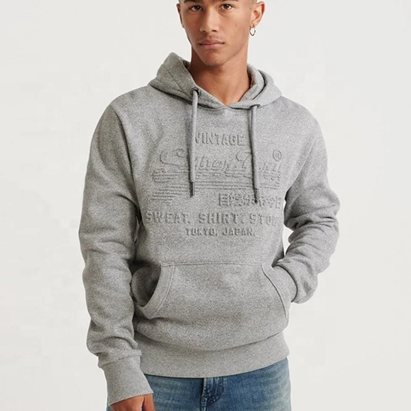 Custom Thick Soft Comfortable Light Grey Sweatshirts Mens 400 Gsm Plain Letter Embossed Hoodie