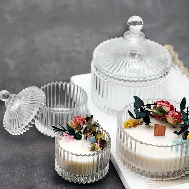 Luxury Empty Round Decorative Crystal Geo Cut Candy Gift Storage Clear Glass Candle Jars With Dome Lid