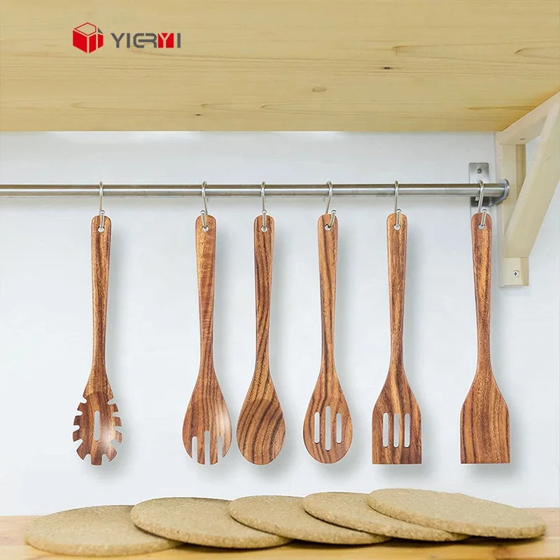 Wholesale Acacia Wood Spoon Wooden Cooking Spoon Set Kitchen Utensil Set with Hole Natural Food Safe Kitchenware Customizable