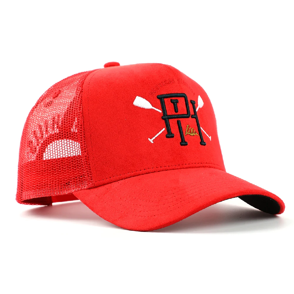 Custom Made Meidiney Brand 5 Panel Red Suede 3D Puff Embroidery Logo Mesh Back Trucker Caps Hat