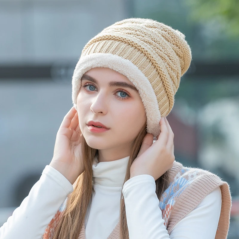 High Quality Warm Winter Hats Unisex Knit Fleece Lined Thicken Ribbed Beanie Hats  For Women Wen