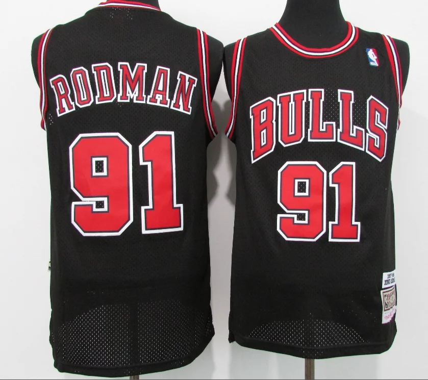 Mens Champions Bulls Rodman 91 Hardwood Jersey Black Stitched Basketball Jersey