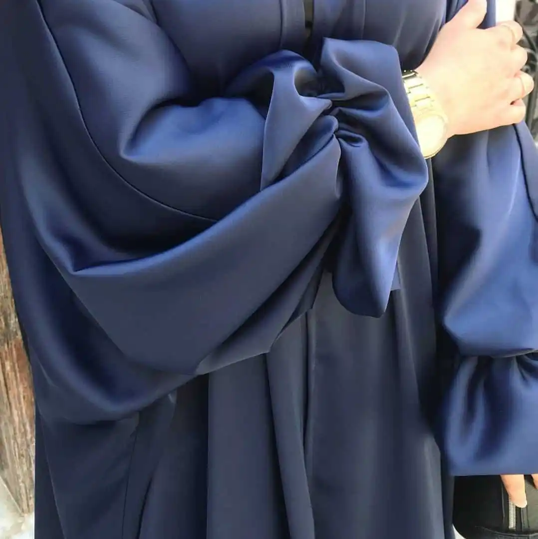 Fashion Puff Sleeve Islamic Cardigan Robe Abaya Muslim Elegant Satin Solid Color kimono Abaya Dubai