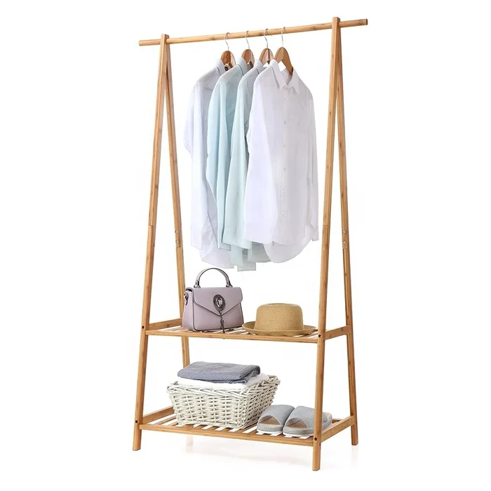 BSCI Factory Bamboo Clothes Rack Garment Rack 2-Tire Storage Box Shelves for Entryway and Bed Room