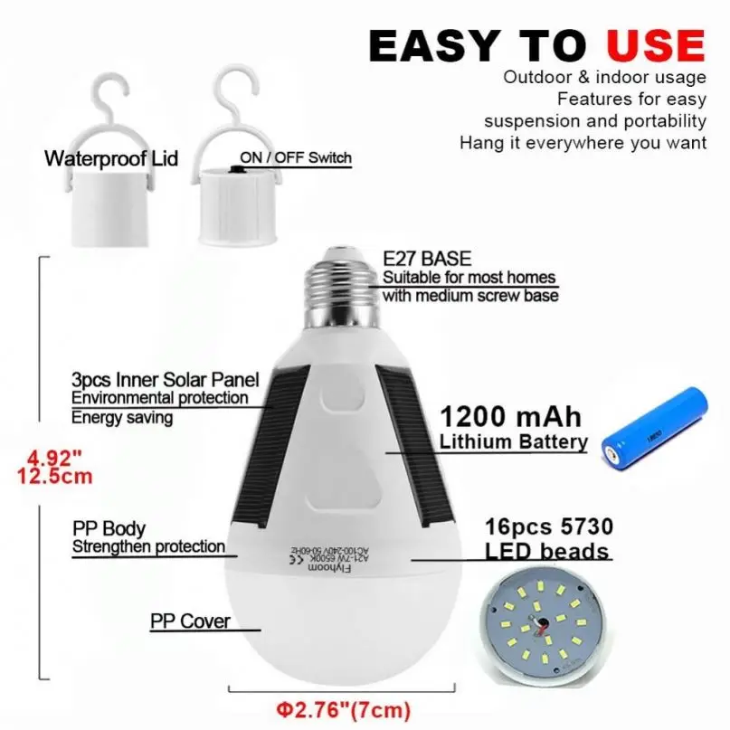 
12W 26LED E26 E27 base portable hanging solar light bulb for outdoor lamp 