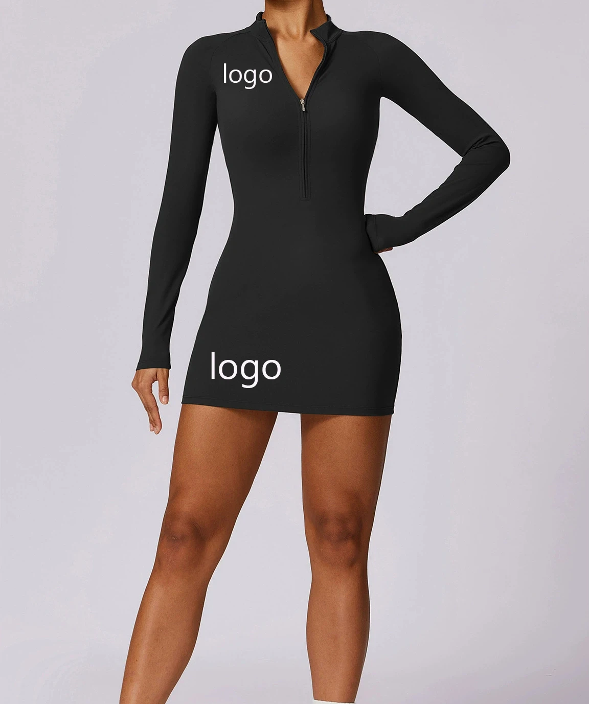 Customized Yoga Casual Dress Zipped Naked Feeling Tight-Fitting Jumpsuit Slimming Fitness Long-sleeve Sports Dress