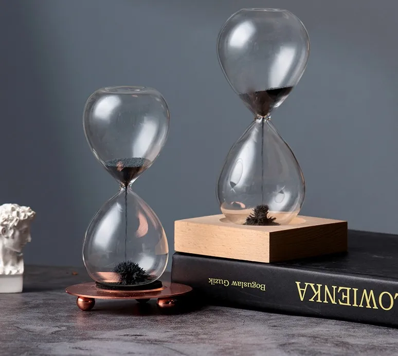 Magnetic Hourglass Sand Clock Timer with  Magnet Iron Powder &wooend Base for Home Office Desk Decor
