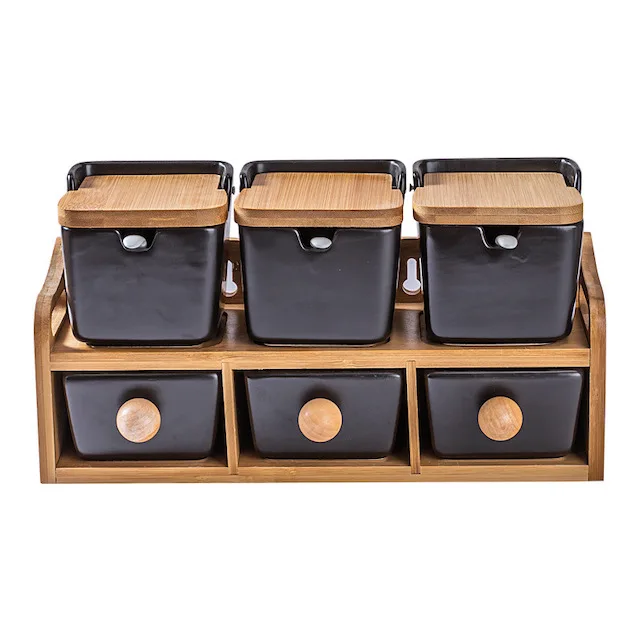 Kitchen 6 pack Ceramic Sugar Bowls Set with Spoons and Bamboo Lids Square Porcelain Condiment Jar Spice Container