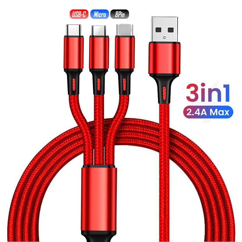 Universal 3 in 1 USB Cable 2A Fast Charging Nylon Braided Phone Charger Line for 8Pin/USB C/Micro Multi 3 in 1 USB Charger Cable