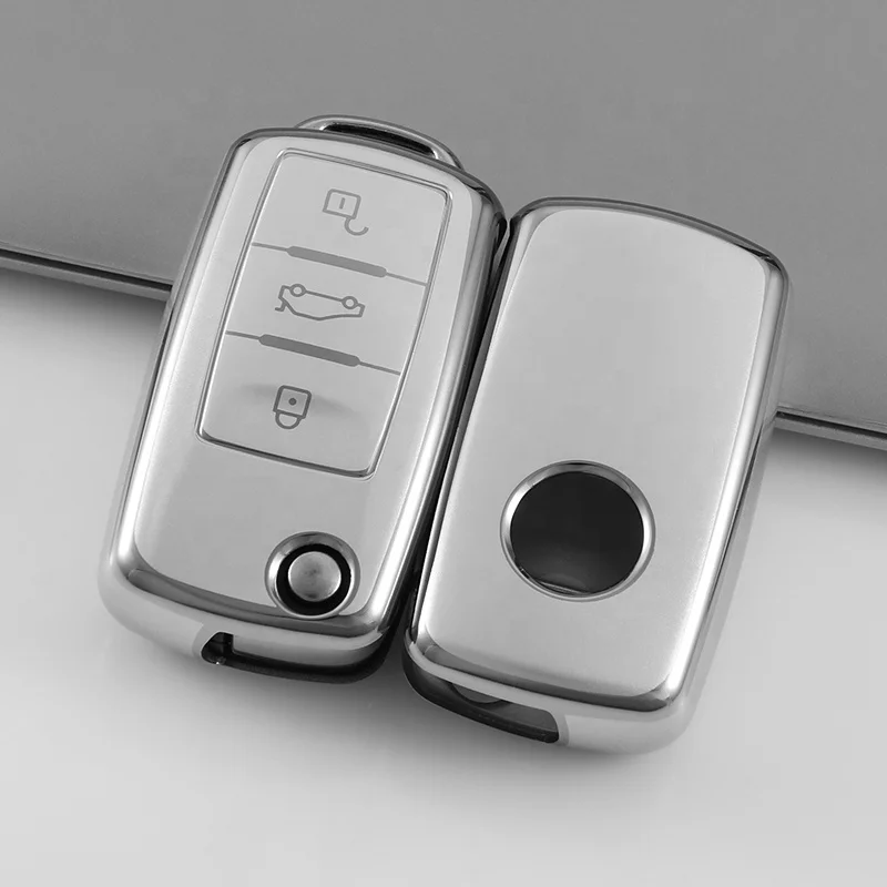 Silver Quicksand TPU Custom Car Key Cover fit for VW Golf PoloTiguan Passat Caddy Auto Folding Key Case Fob Remote bag