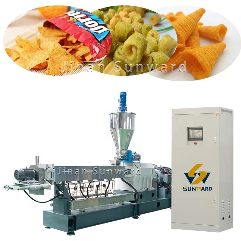 Full automatic snacks peanuts corn chips packing machine twin screw extruder for cheese ball pillow snacks