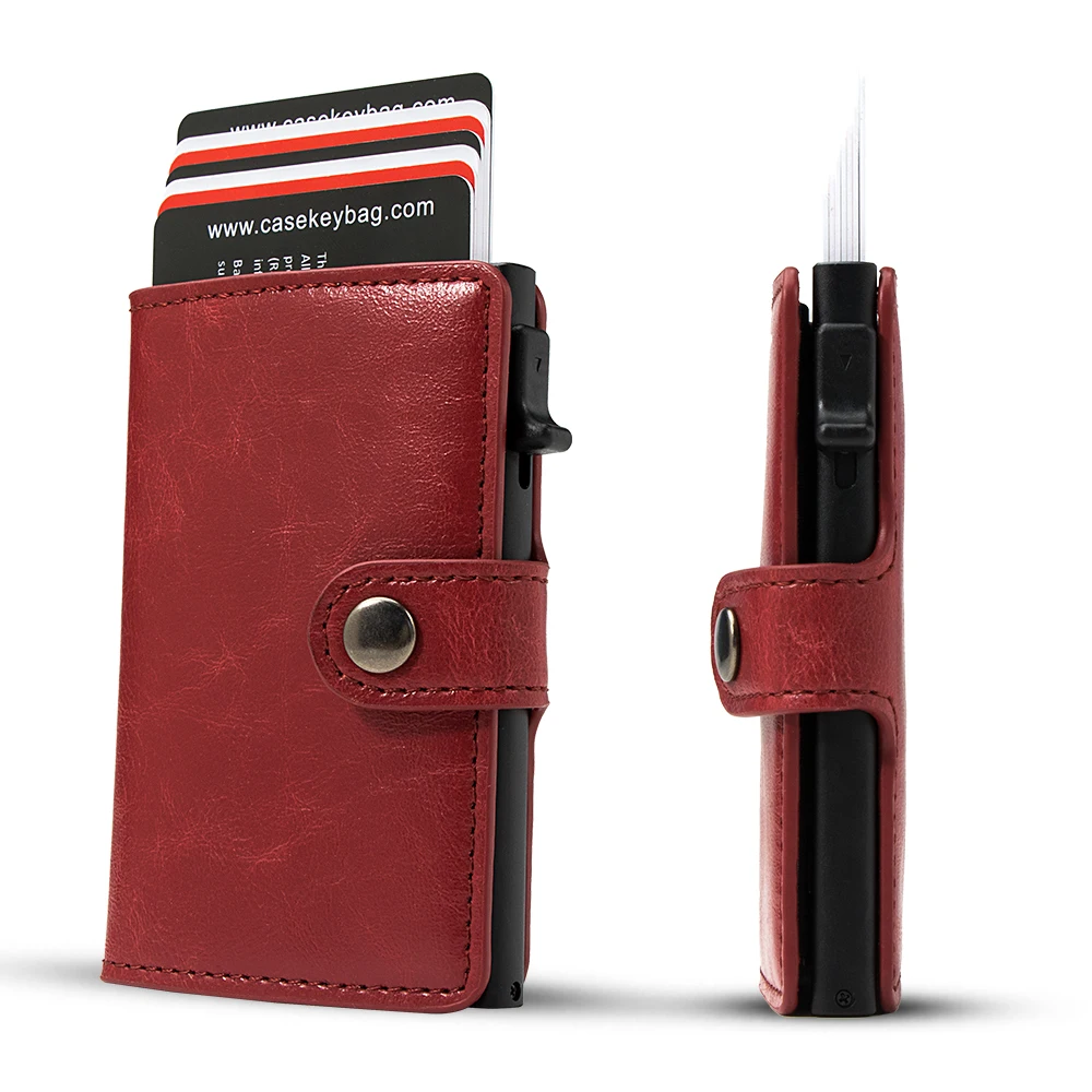 Casekey Hot Sale Fashion Pu Leather Popup Wallet RFID Safe Automatic Card Holder Tarjetero Metal Aluminum Bank Credit Cardholder