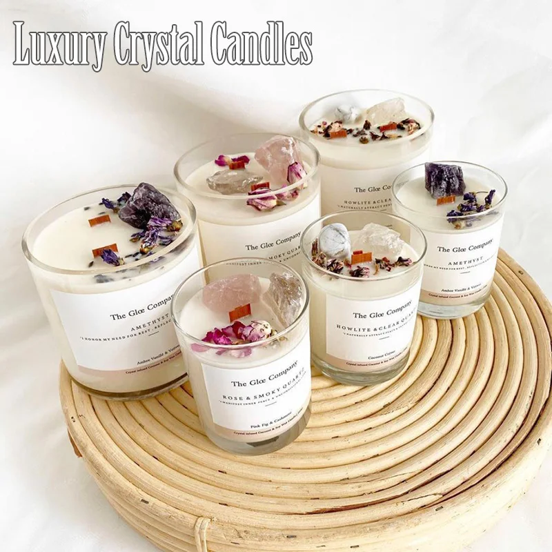 
Luxury Home Decoration Scented Soy Wax Candle Infused Crystal Stone Gemstones and Dry Flowers 