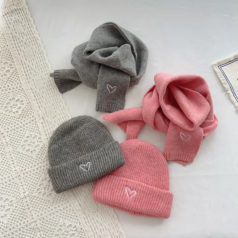 Autumn and winter solid color knitted scarf baby coffee color soft waxy bib boys and girls children Knitting Hat Scarf set