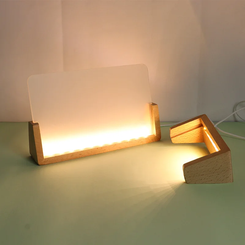 Desk Calendar Photo Frame LED Night Light Base Acrylic U-shaped Solid Wood Frame Display Lamp Base