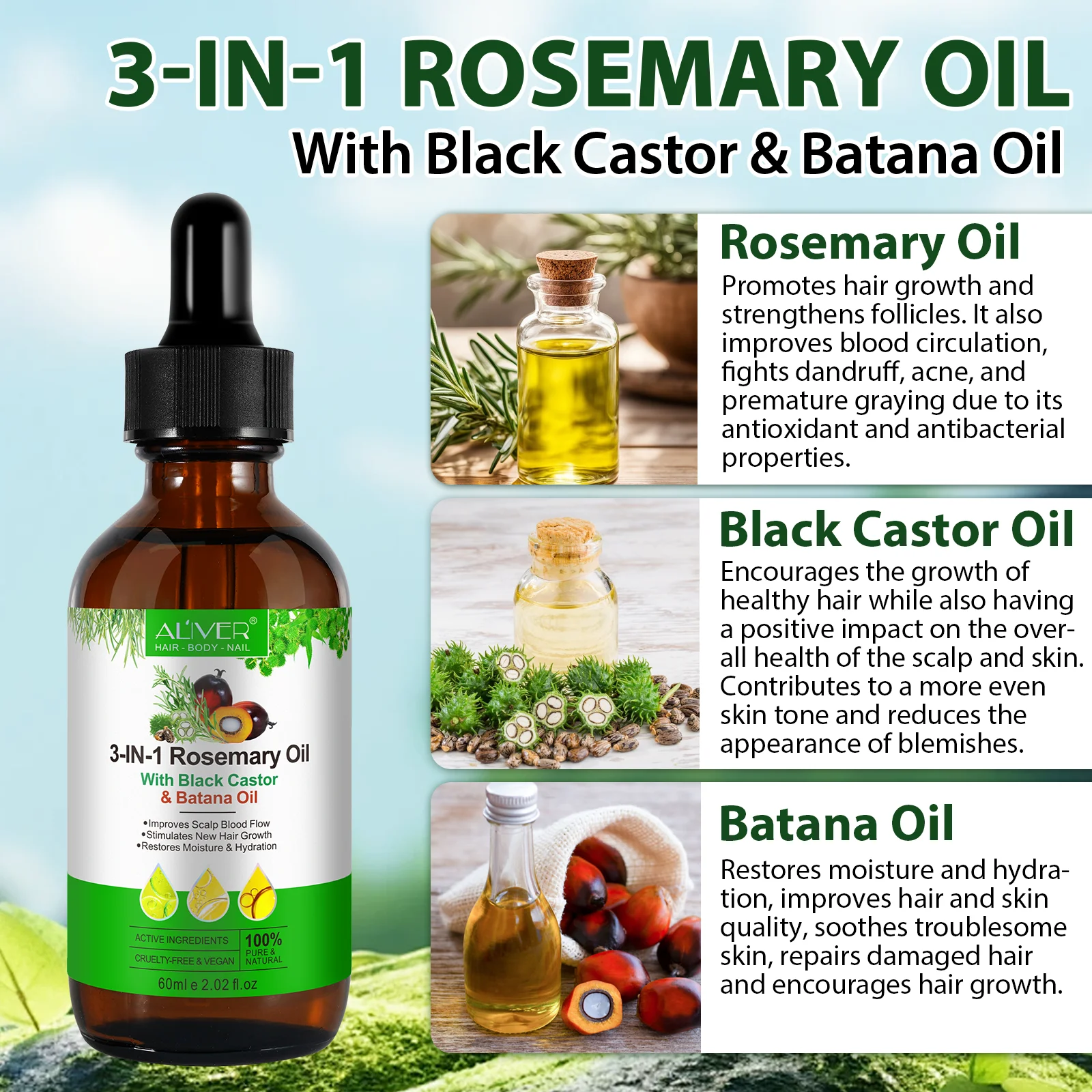 ALIVER stimulates scalp natural herbal miracle skin anti aging 3in1 rosemary black castor batana essential oil hair growth oil