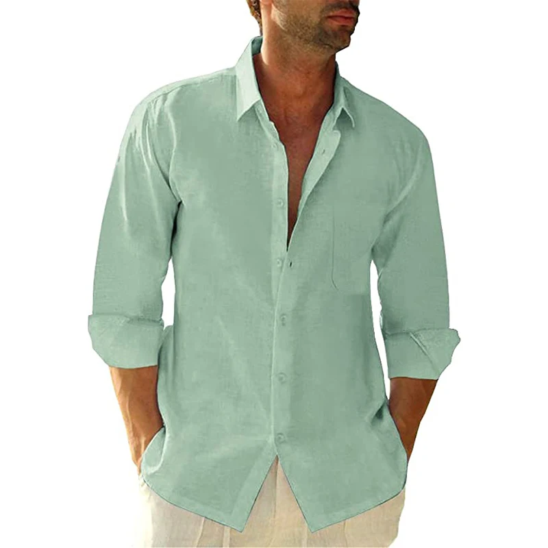 KIKIROSE Button Down Linen Shirts for Men Casual Long Sleeve Regular Fit Cotton Beach Shirt with Pocket