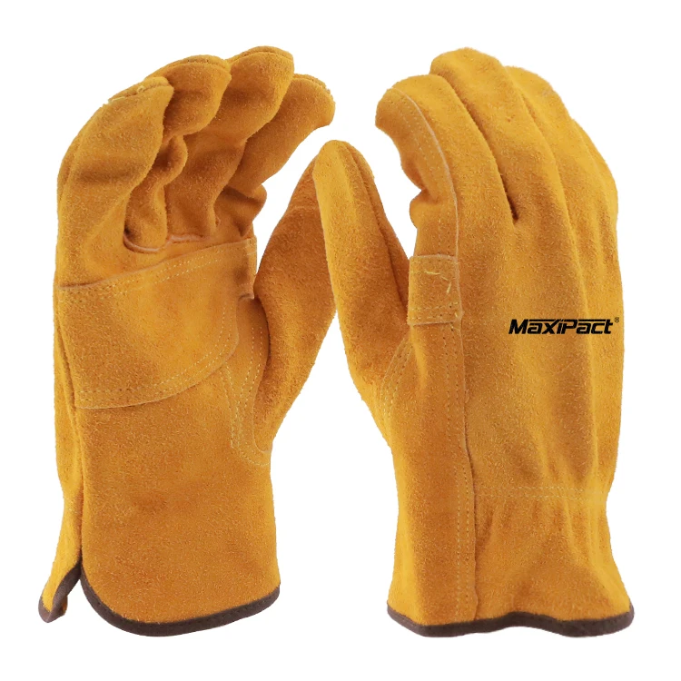 MaxiPact Safety 10.5inch Yellow Cowhide Leather Work Gloves Patch Palm Winter Drivers Keystone Thumb Protection Free