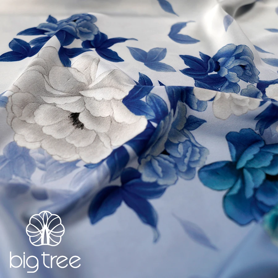 Custom Printed 100% poly Blue and White Vintage Floral Digital Print Silk Satin Fabric Textile for Abaya Dress