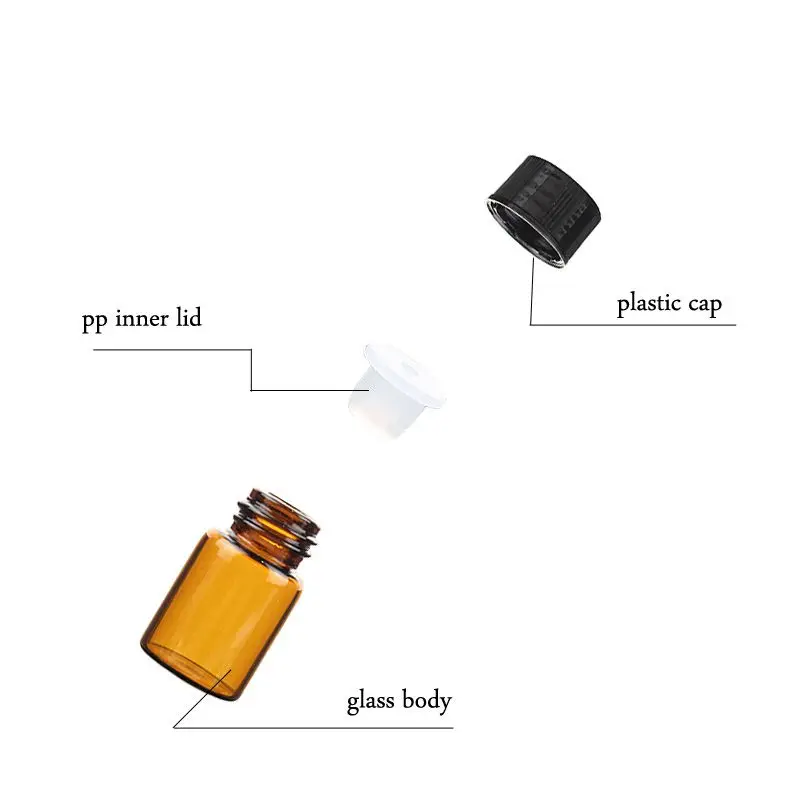 1ml 2ml 3ml 5ml 10ml Amber Clear Sample Test Glass Cosmetic Vials with Black Lids for Essential Oil
