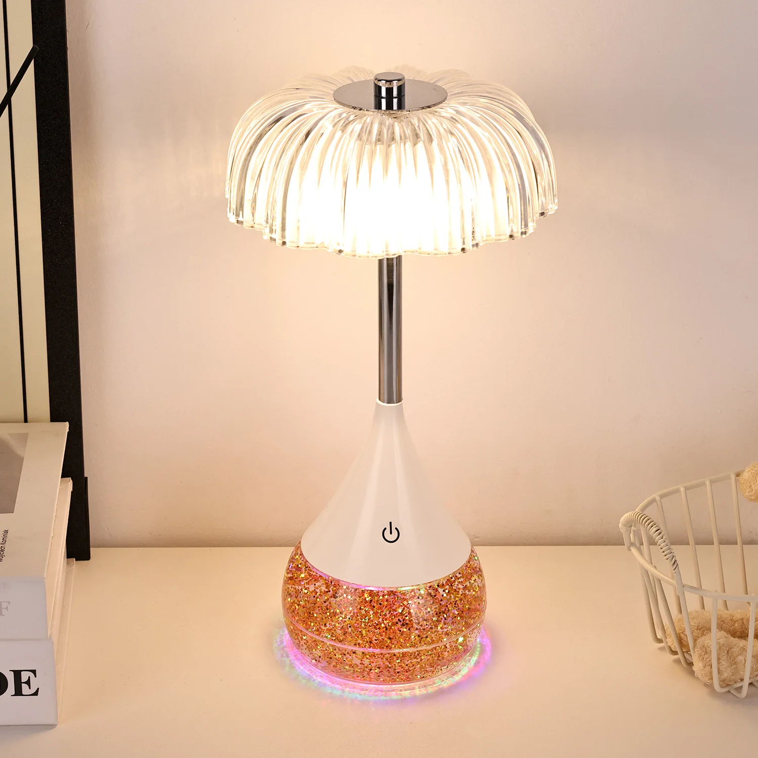 Simplicity Style Night Light RGB Glitter Bottle Eye Protect Transparent rubik Cube Led Desk Lamp with Crystal Shade