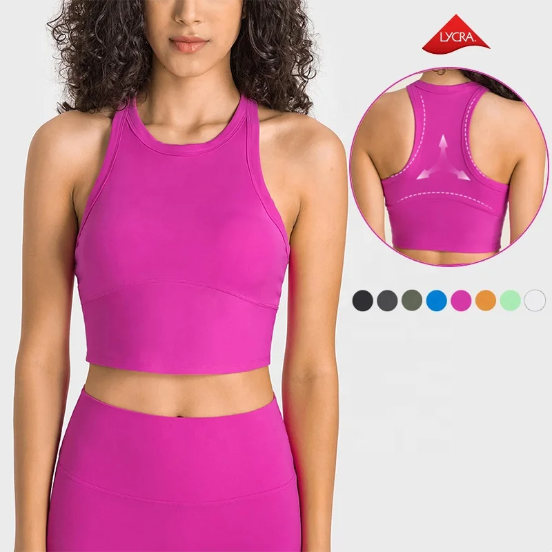 Sports Racer Back Built In Bra Crop Top Women Outdoor Activewear Gym Fitness High Support Shockproof Bra Lycra Spandex Yoga Bra