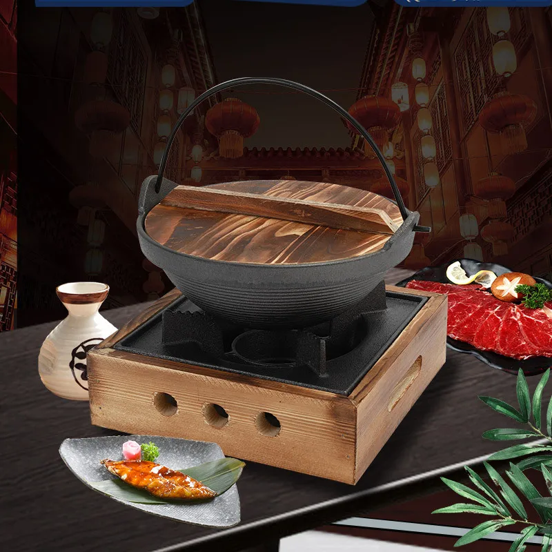 Sukiyaki Iron Pot with Wooden Lid Hot Pot Japanese Hanging Stove Restaurant Cooking Set