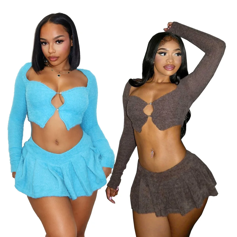 2024 new arrival spring ladies clothes long sleeve top match skirts sexy teddy summer women 2 piece mini skirt set