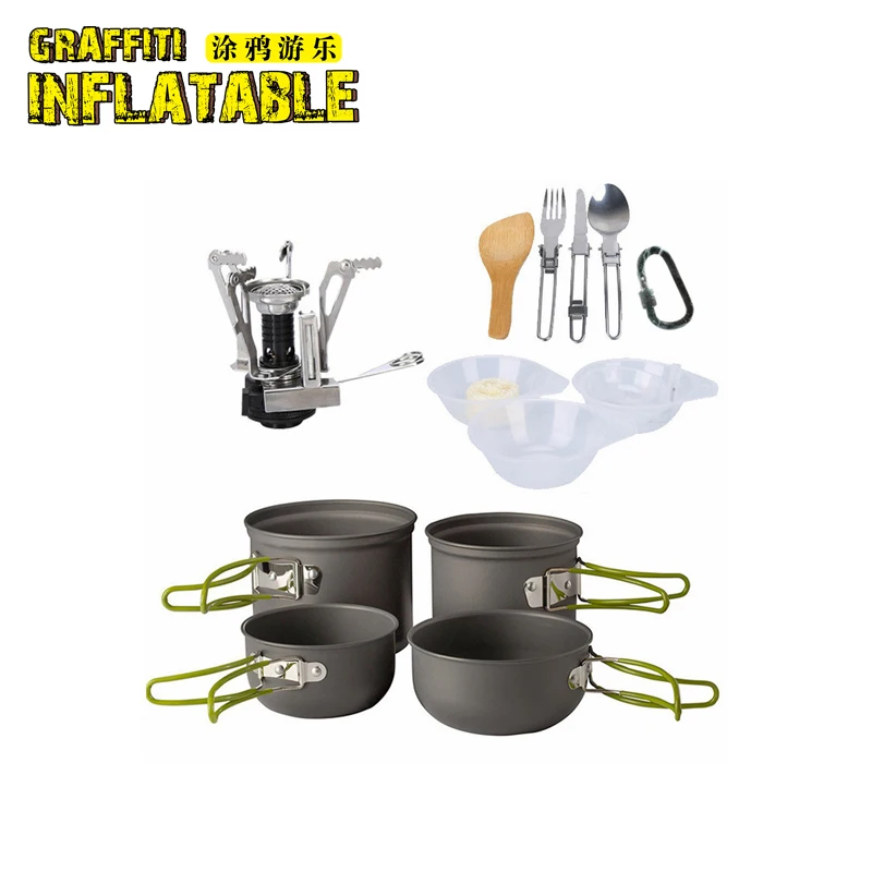 Portable picnic barbecue outdoor picnic pot cooker set pot bowl spoon and gas stove Camping Hiking cooker