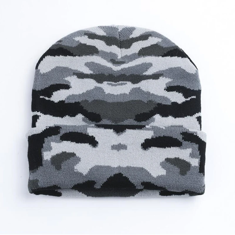 Custom Camo Jacquard Knitted Beanie Hat for Winter Printed Skull Pattern Designer Logo Autumn & Beach Appropriate