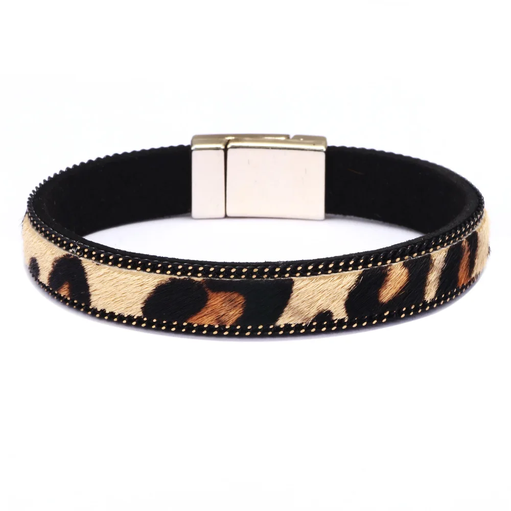 2019 New Fashion Punk Horse Hair Leopard Print Leather Cuff Bracelet Wristband Female Magnetic Clasps Wrap Bracelets for Women