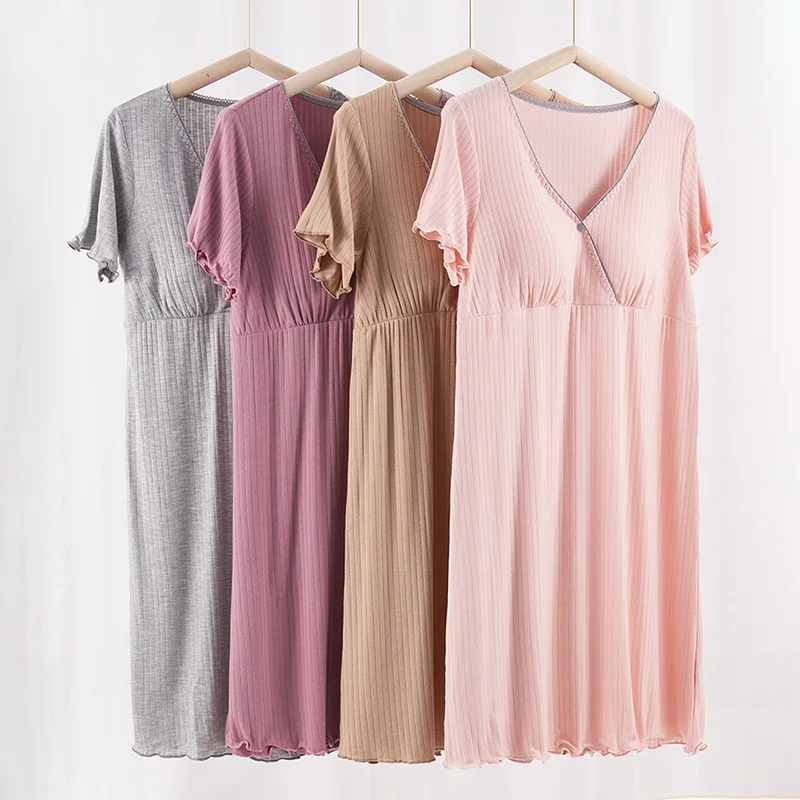 Nursing Pajamas Maternity Hospital Night Gown Lace Pregnant Night Dress Breastfeeding Lactation Wear Soft Fabric