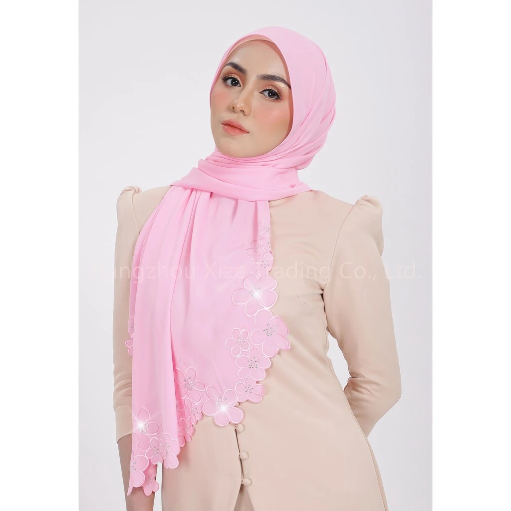 Custom Women Muslim Scarf Shaw Embroidery Scallops Floral Shawl Embroidery Designs Tudung Hijabs Adult Fashion High Quatiy