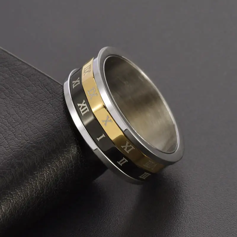 8mm titanium steel ring silver gold black three color Roman numerals rotatable stainless steel ring finger rings 597