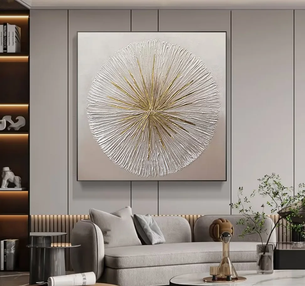 Large Golden Circle Oil Painting on Canvas Abstract Original Minimalist Gold Leaf Texture Acrylic Painting Living Room Wall Art