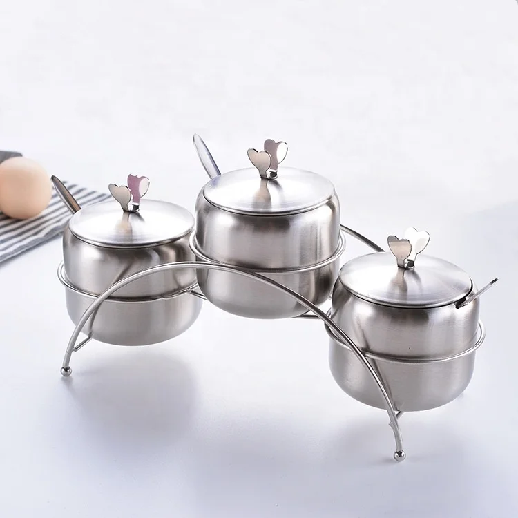 Spice Jar Condiment Pots Set SUS304 Stainless Steel Seasoning Container with Spoon Holder Rack and Lid