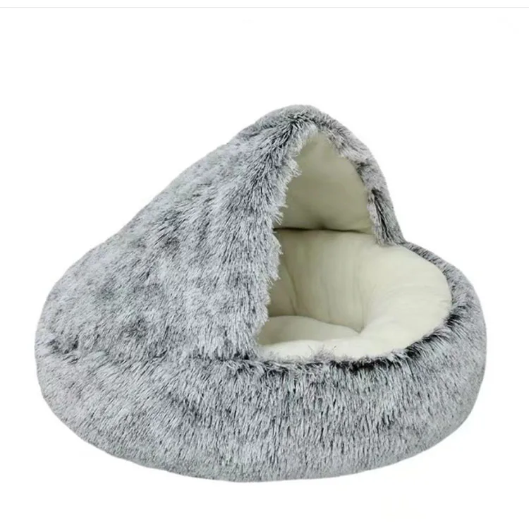 Cat Bed Round Plush Fluffy Hooded Calming Cat Cave Nest with Non-collapsed Cover