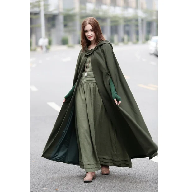 
Hot Sale Hooded Woolen Long Cloak Cape Women Shawl Button with Three-Quarter Sleeves Outwear 