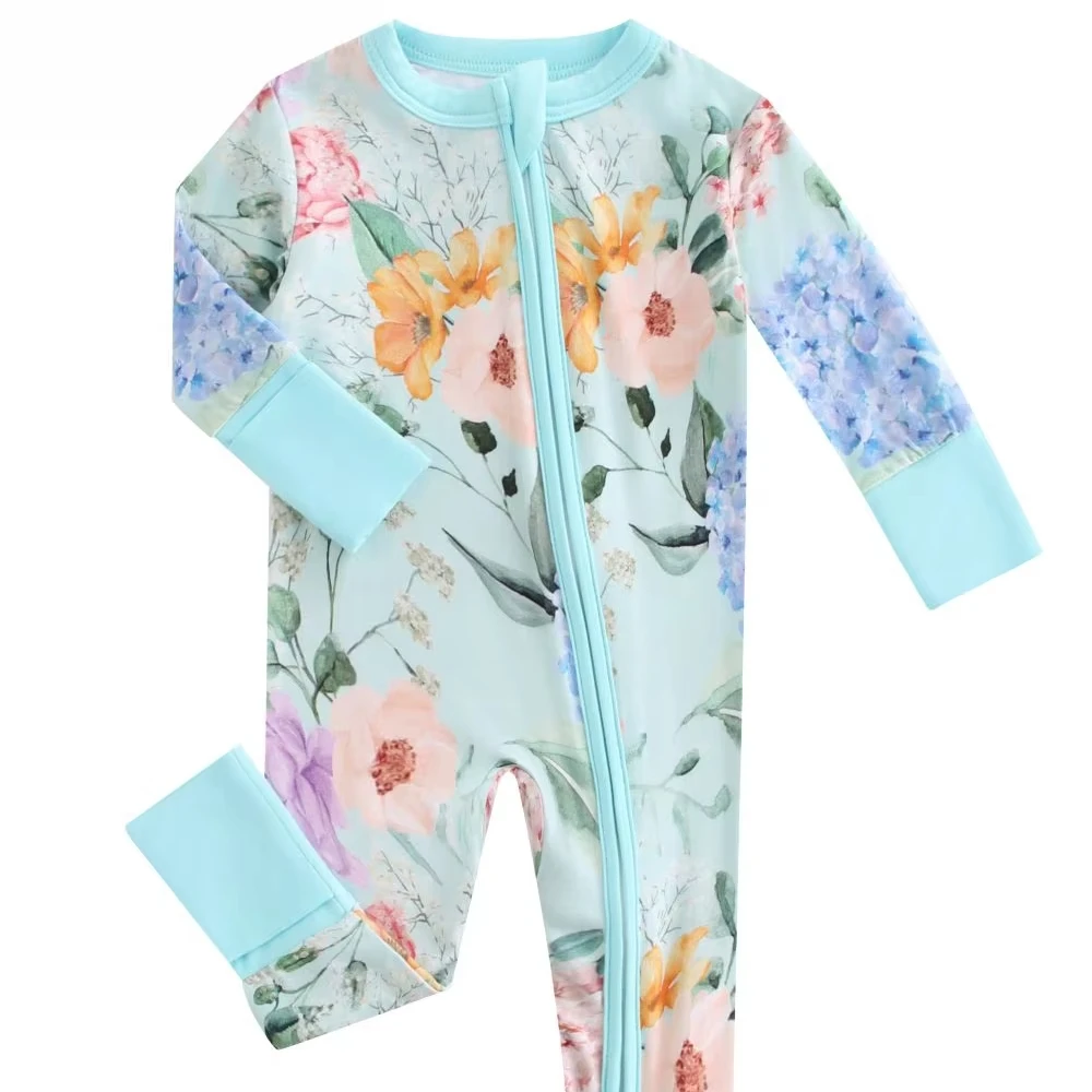 Blue Unisex Custom Bamboo Fiber Baby Bodysuit Front Zipper Newborn Crawling Clothes ODM Casual Color Printed Children Pajamas