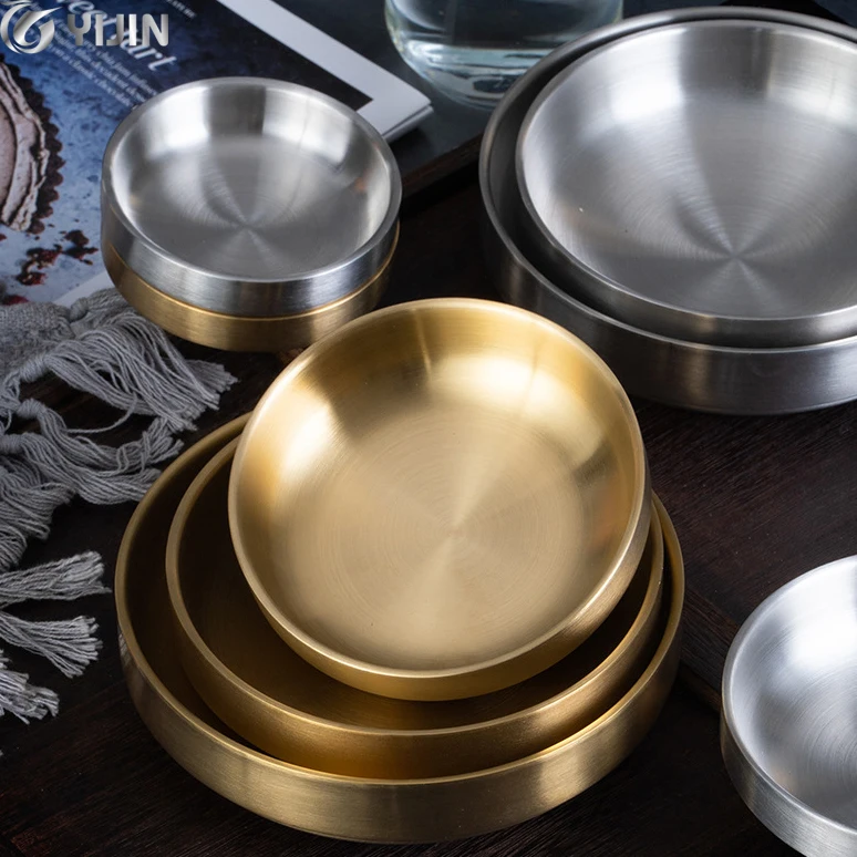 Korean style silver gold double layer small appetizer kimchi soup rice serving bowl stainless steel sauce dish