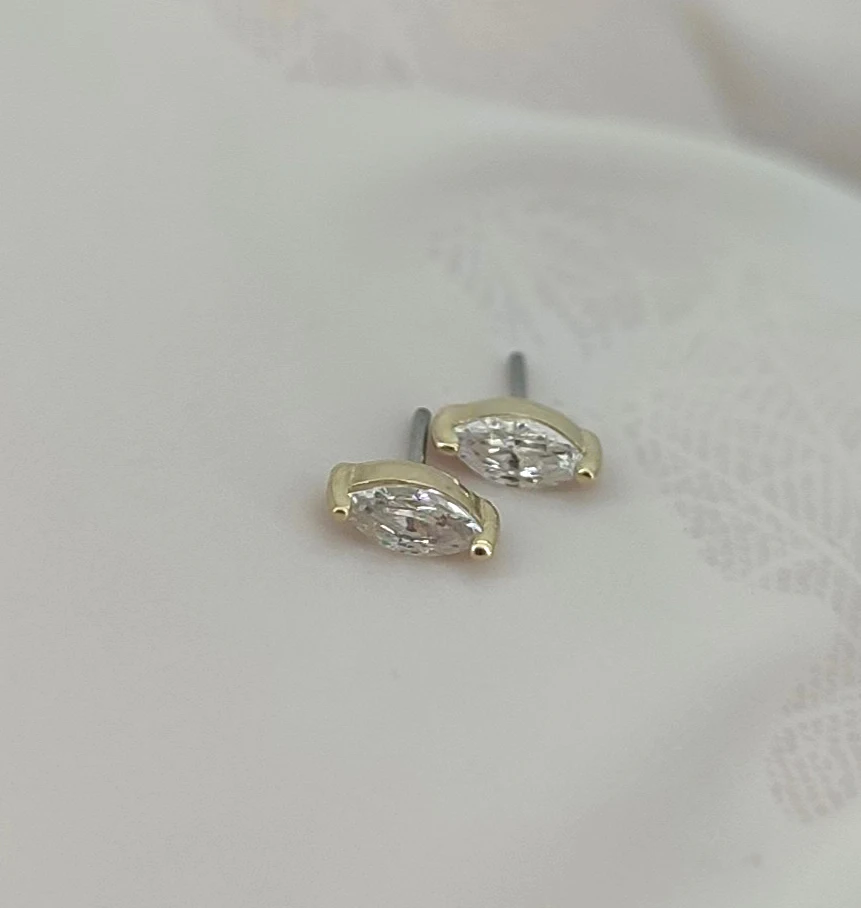 Calendo Lab Diamond 14k Solid   Gold Marquise  Threadless  End With Stainless Steel Pin Earlobe End Piercing Earring Top