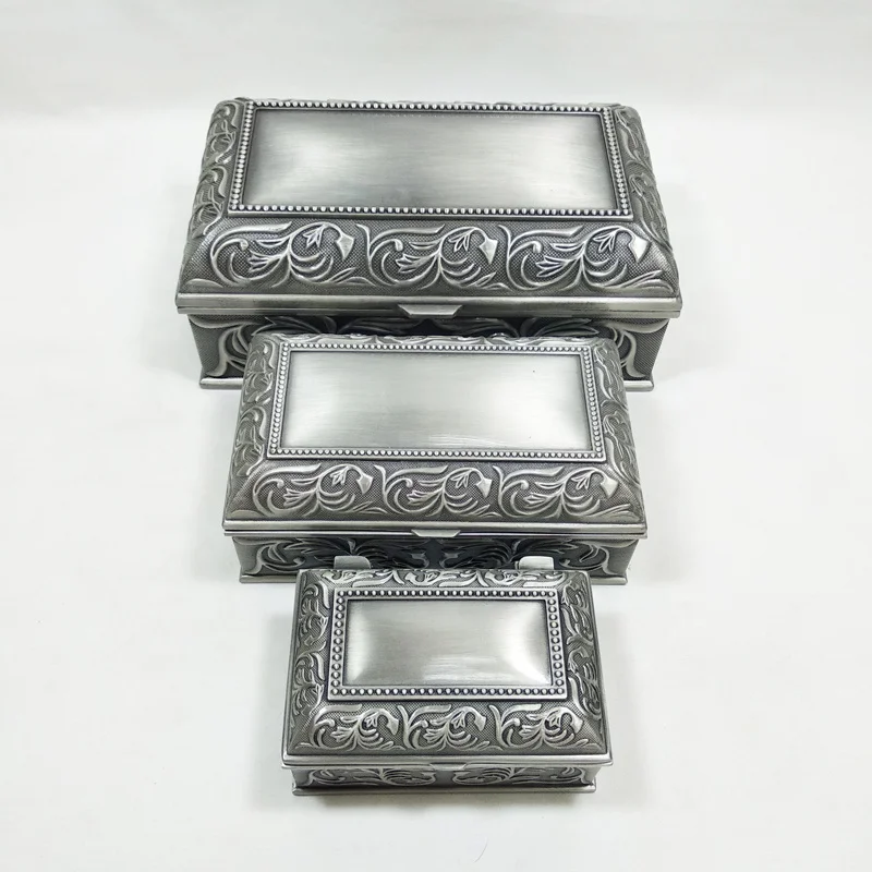 Zinc alloy large rectangle jewelry box with classical flower patternin in pewter plated